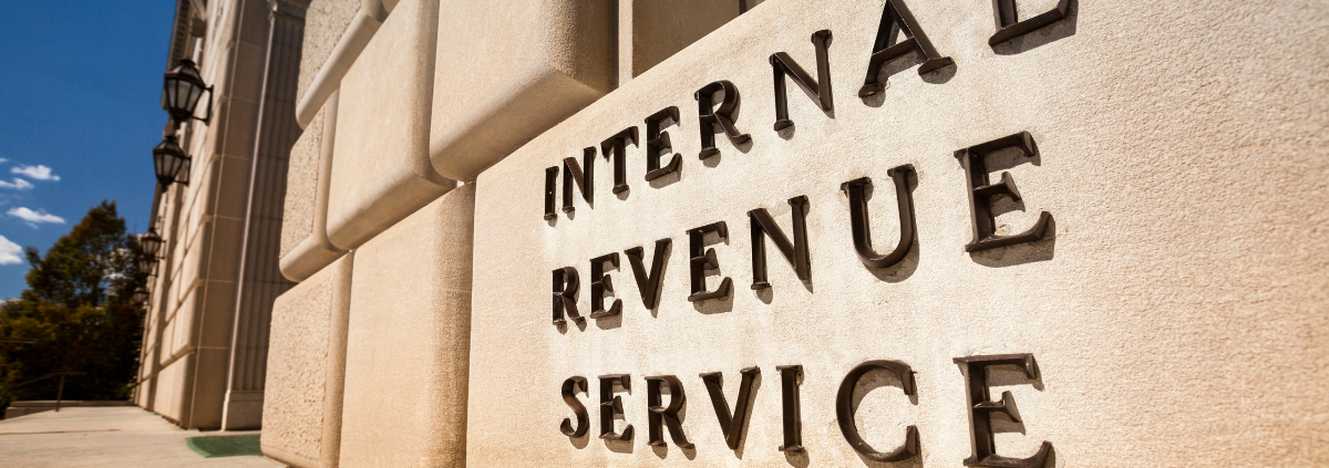 Internal Revenue Service Sign on side of federal building in Washington