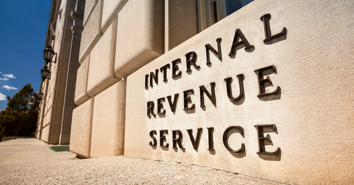 Internal Revenue Service Sign on side of federal building in Washington